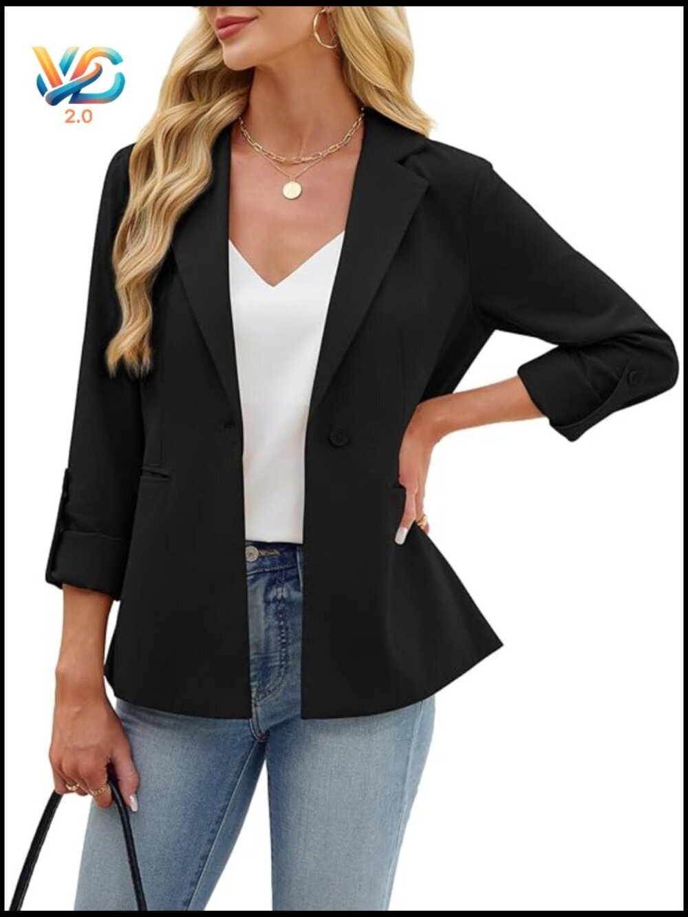 Linen Blend Blazer with Full Lining Rolled Sleeves Open Front Office Casual